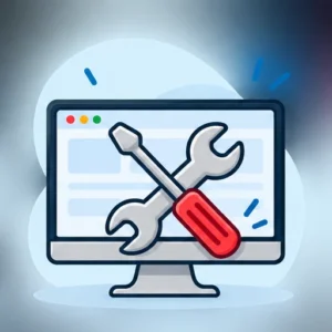 Computerscherm met gereedschap als symbool voor websiteonderhoud