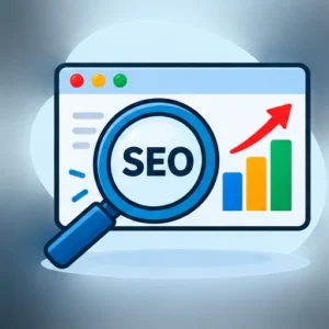 Vergrootglas met SEO en grafiek voor zoekmachineoptimalisatie